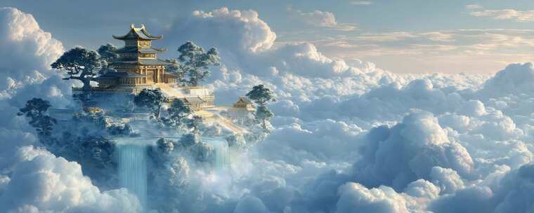 云顶天宫宫殿云端仙境瀑布楼阁
