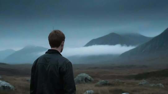 男子眺望远方山脉