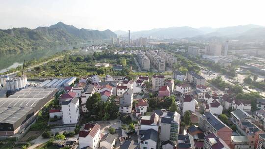 杭州建德乡镇道路和乡村风光蓝天下航拍