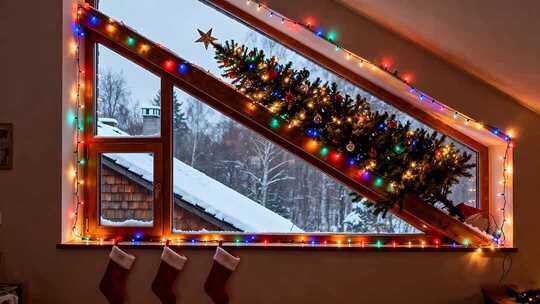 窗边装饰圣诞树的温馨场景