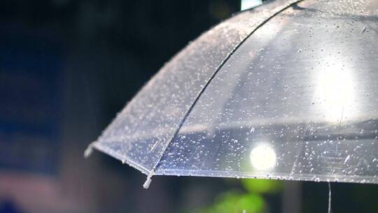 下雨的夜晚，雨水从透明雨伞上滑落