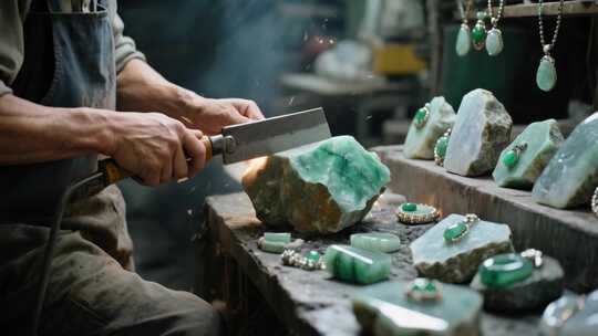 工匠切割翡翠玉石素材
