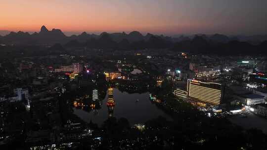 4K航拍广西桂林市区日落夜景风光