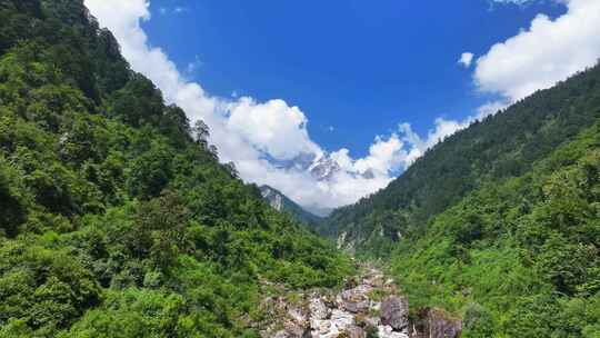 航拍四川贡嘎山区南门关沟森林河谷雪山风光