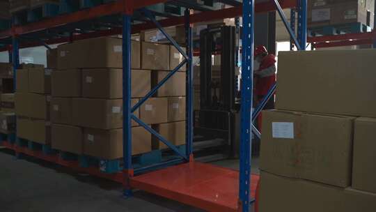 仓库工人操作叉车搬运货物
