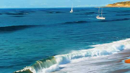 蔚蓝海岸 浪花飞舞 白帆点点 盛夏骄阳