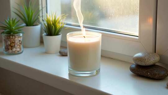 窗台上燃烧的玻璃罐装蜡烛