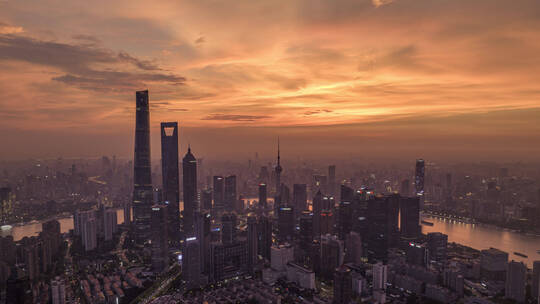 上海陆家嘴夕阳下建筑亮灯高质量延时
