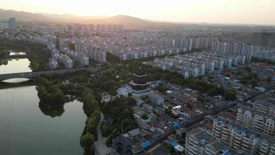 航拍青州古城晚霞夕阳