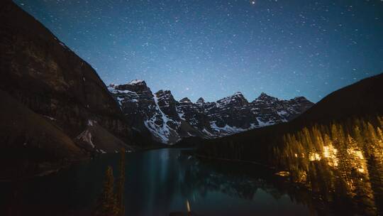 夜晚星空和雪山的延时拍摄