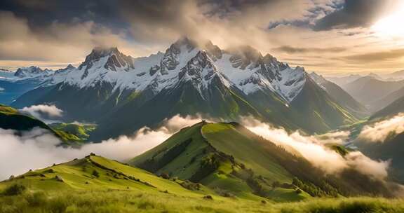 壮丽雪山下的绿色山峦景观