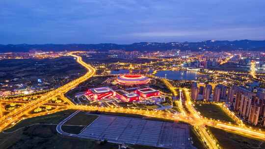 成都大运会主场馆东安湖公园夜景航拍延时