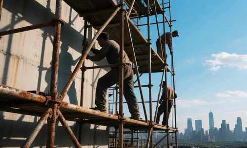 工人建筑工地搭建脚手架