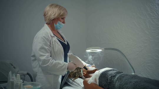 美容师在健康中心皮肤科医生治疗面部时使用