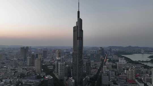 航拍江苏南京中央商务区紫峰大厦夕阳景观