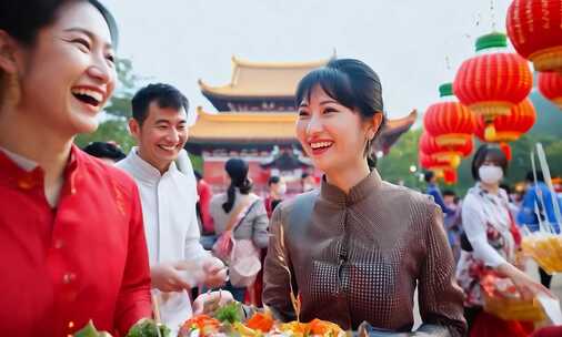 春节和元宵节灯会 人们端着食物欢乐互动