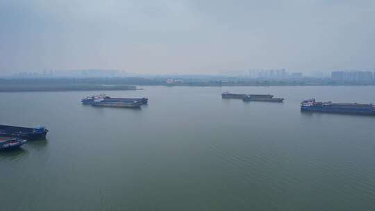 航拍湘江货轮江面船只视频素材模板下载