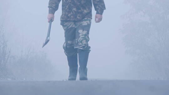 一个穿着迷彩服雨靴拿着一把斧头的男人走在森林的迷雾中