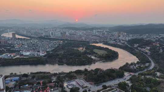 航拍广西百色日落晚霞夕阳