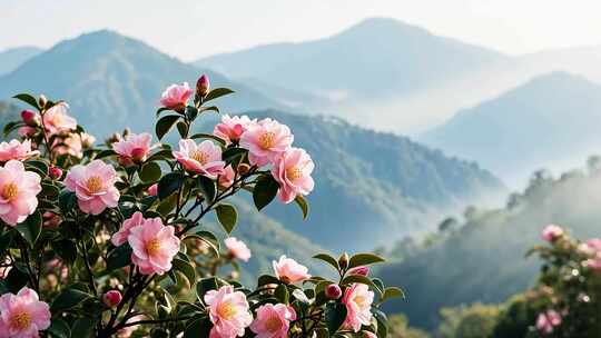 山景前绽放的粉色山茶花
