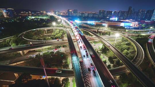 鸟瞰杭州滨江时代大道高架中兴立交夜景