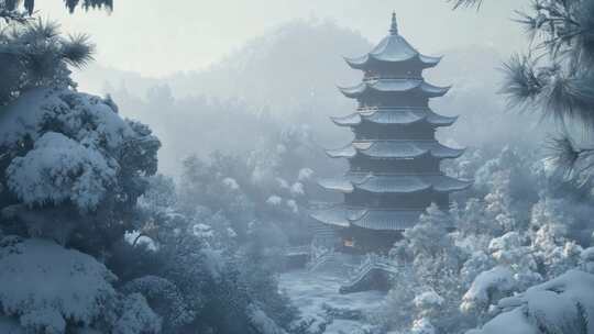 雪景中的中式古亭