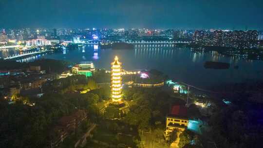 湖北鄂州莲花山元明塔夜景航拍延时