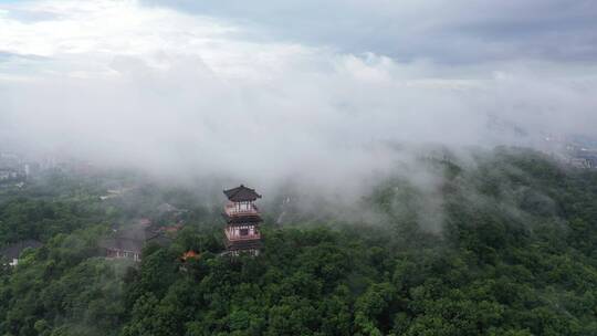 航拍鄂州西山风景区云海云雾中武昌楼