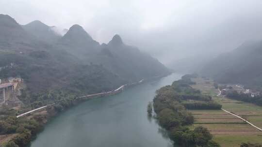 航拍广东清远阳山连江流域乡村田园风光