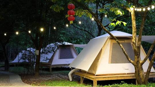 露营帐篷基地夜晚上彩灯光树林森林户外野外