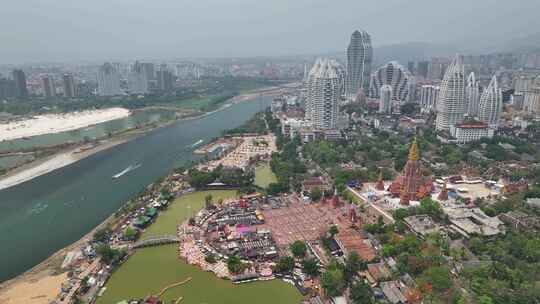 云南西双版纳景洪市澜沧江城市风光航拍