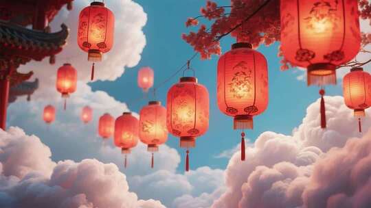 古风灯笼云端悬挂场景