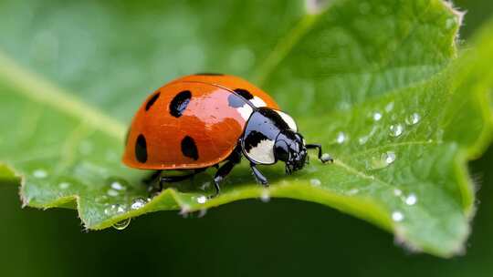 瓢虫趴在带露珠的绿叶上微距特写