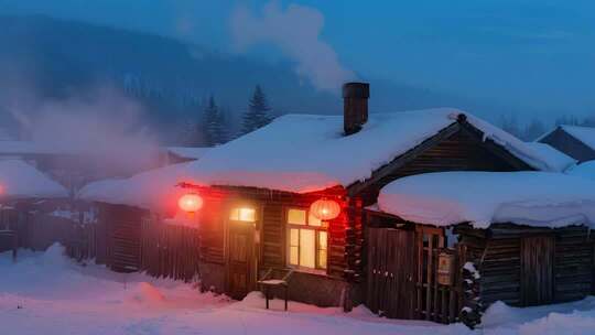 冬至雪乡木屋唯美冬天夜晚视频