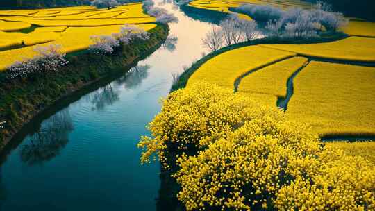 航拍油菜花田与河流景观