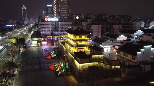 航拍宁波市中心鼓楼天一城市繁华夜景