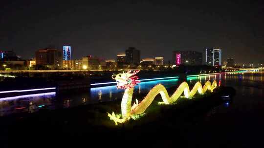 山西太原迎泽大街中国龙灯夜晚夜景航拍