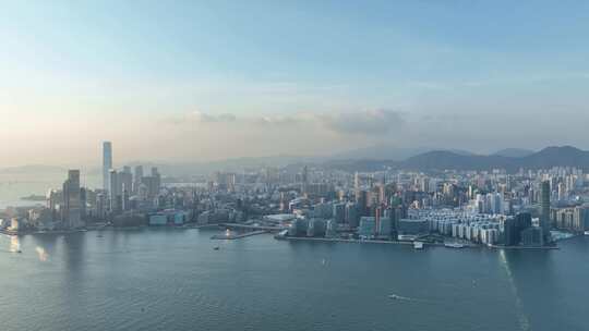 香港岛航拍维多利亚港海岸线城市建筑风光