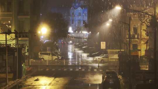 冬季航拍黑龙江省哈尔滨市大雪纷飞的街道