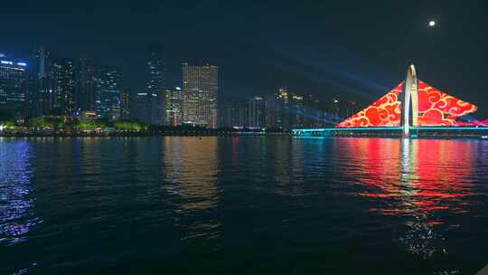 广州珠江猎德大桥与城市摩天大楼夜景灯光秀