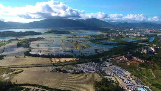 航拍三亚后海皇后湾冲浪及海棠湾海岛