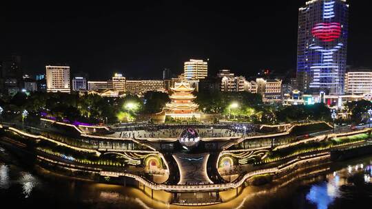 四川宜宾合江楼长江之珠夜景灯光航拍