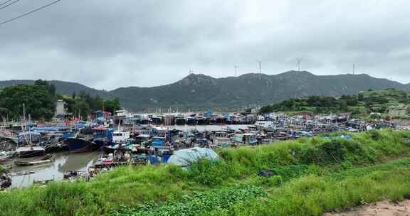 台风天躲避在渔港的渔船