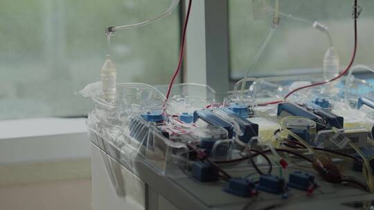 献血中心献血的人和繁忙的抽血机器运转