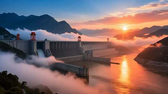航拍云雾缭绕下的长江三峡大坝日出壮丽延时