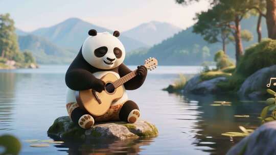 熊猫坐石上弹吉他