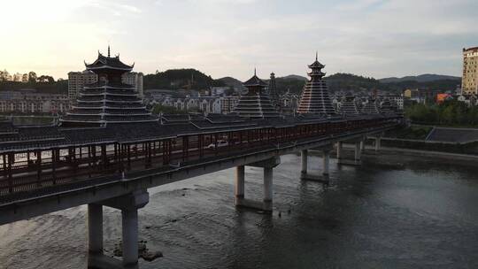 航拍湖南少数民族特色建筑风雨桥