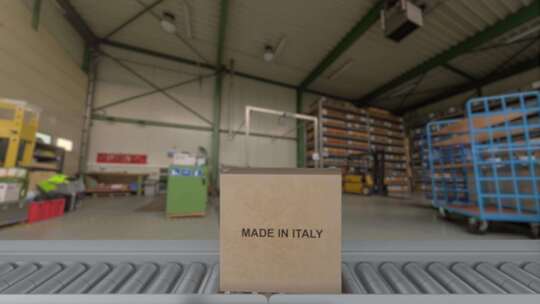机械臂拿起意大利制造的纸箱。装有意大利产