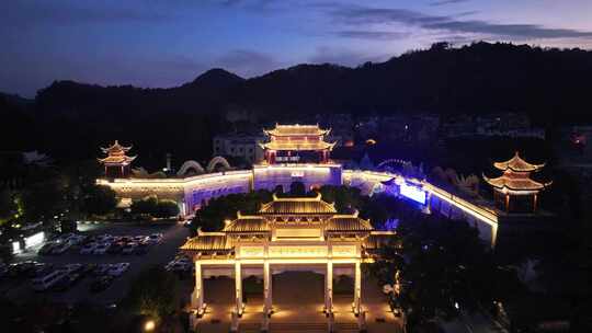 新昌大佛寺石城城墙阁楼夜景航拍