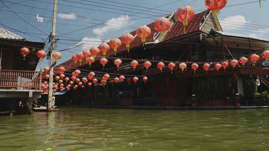 水上市场，泰国，河流，灯笼